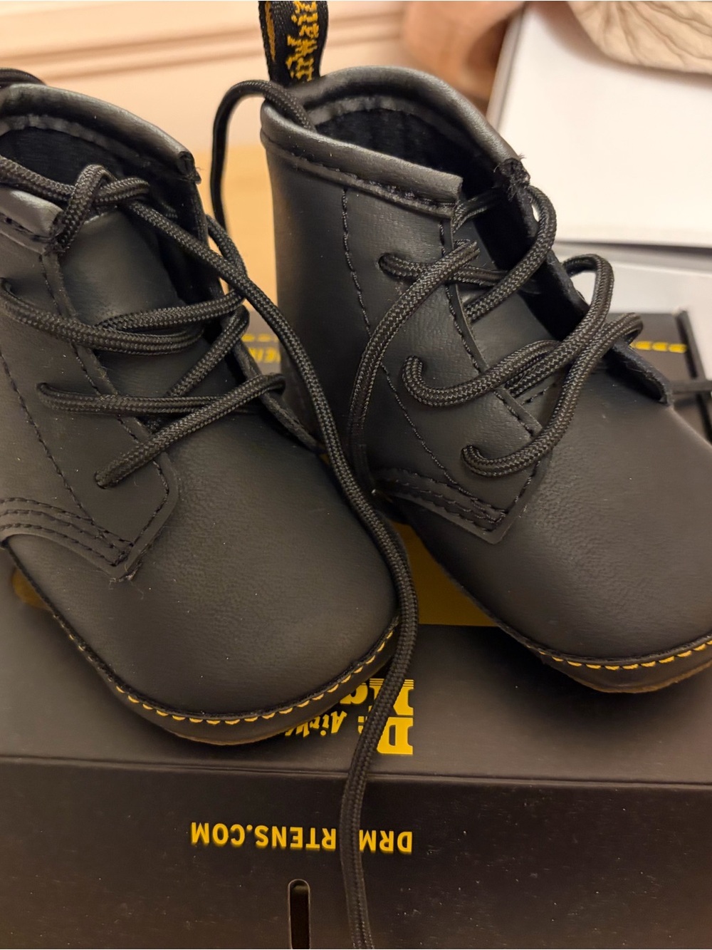 Dr. Martens Kids Black Lace-Up Leather Ankle Boots with Yellow Stitching